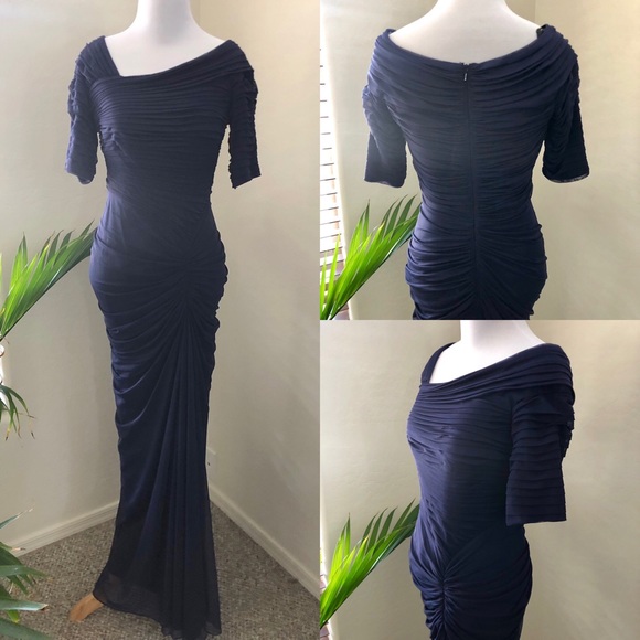 Tadashi Shoji Asymmetrical Ruched Mesh Gown - Picture 7 of 7